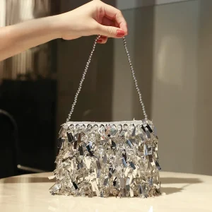 Silver Sequin Rhinestone Tassel Women Crossbody Bags Handmade Beaded Ladies Party Evening Clutch Purse Fashion Handbags
